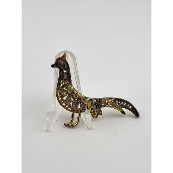 Vintage Peacock Rhinestone Brooch Gold Tone Enamel Bird Pin - Picture 2 of 9